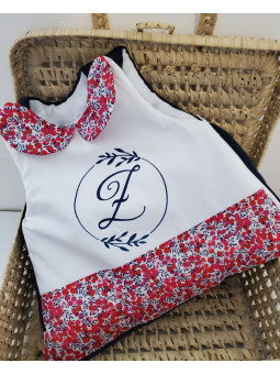 Gigoteuse hiver col claudine et liberty Wiltshire marine et rouge, personnalisée