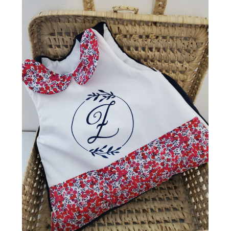 Gigoteuse hiver col claudine et liberty Wiltshire marine et rouge, personnalisée