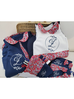 Gigoteuse hiver col claudine et liberty Wiltshire marine et rouge, personnalisée