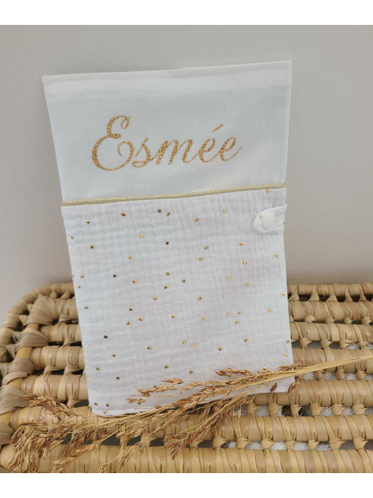 Protège carnet de santé double gaze blanche et or personnalisable