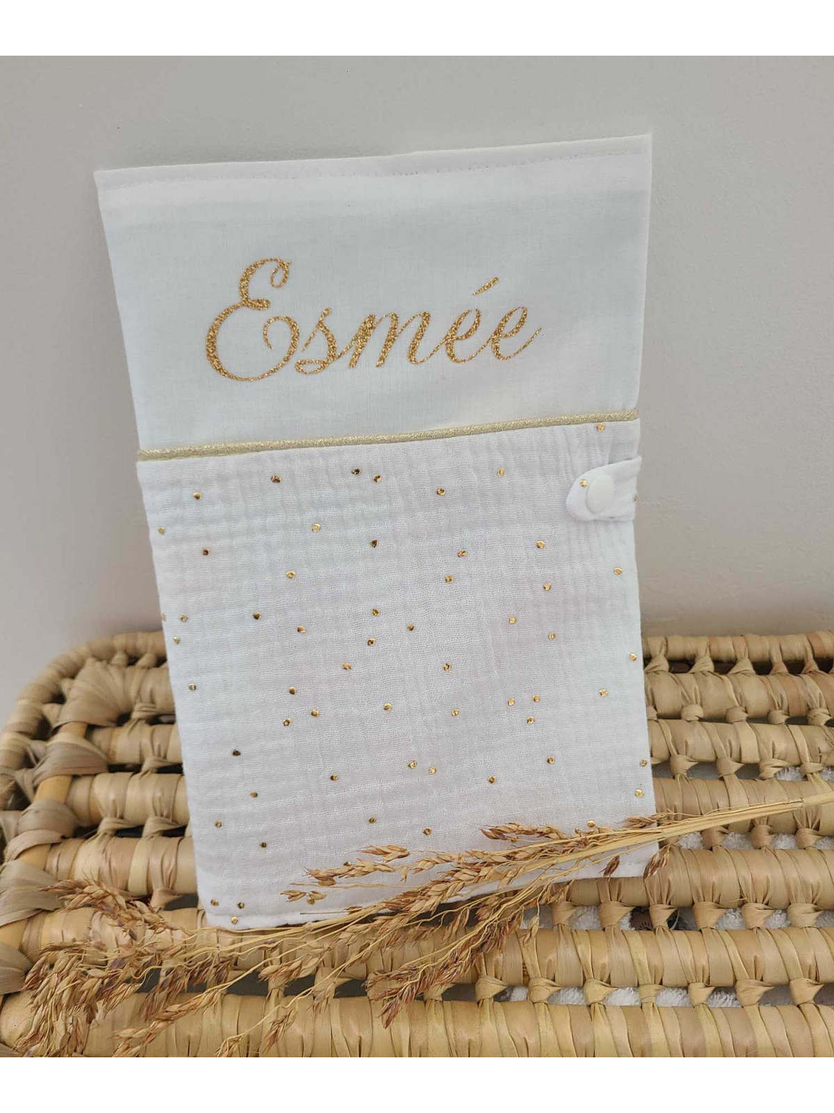 Protège carnet de santé double gaze blanche et or personnalisable
