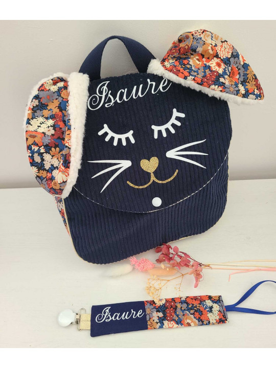 Sac à dos petit lapin maternelle / crèche velours et liberty Thorpe personnalisé