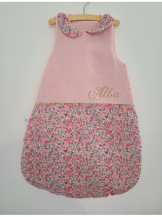 Gigoteuse hiver personnalisée, double gaze et liberty pois de senteur