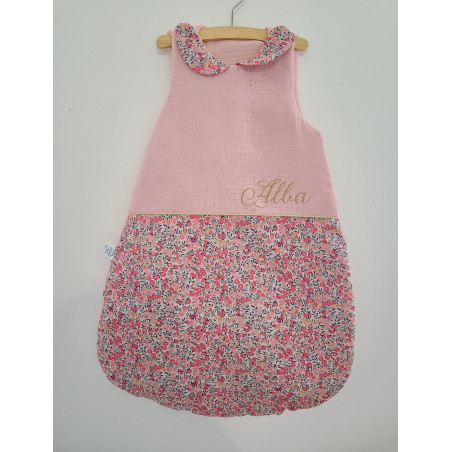 Gigoteuse hiver personnalisée, double gaze et liberty pois de senteur