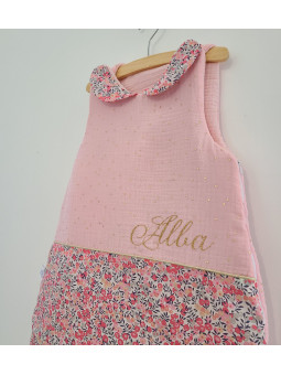 Gigoteuse hiver personnalisée, double gaze et liberty pois de senteur