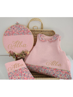 Gigoteuse hiver personnalisée, double gaze et liberty pois de senteur