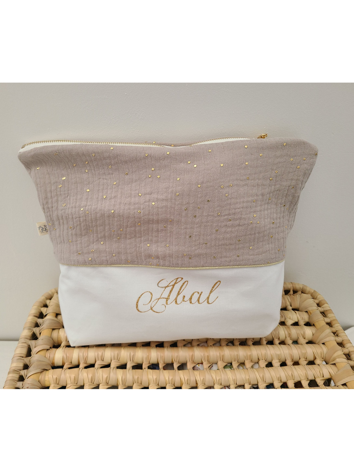 Trousse de toilette personnalisée double gaze ficelle et or