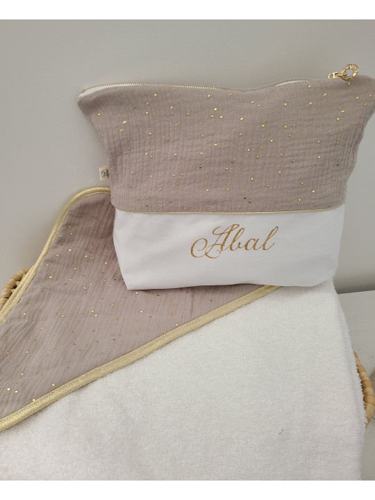 Trousse de toilette personnalisée double gaze ficelle et or