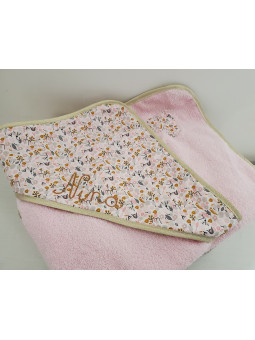 Cape de bain personnalisée prénom coton floral rose et or