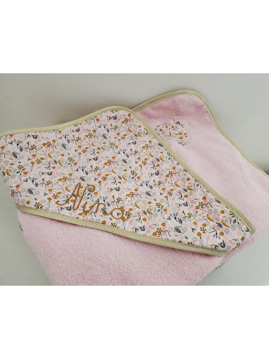 Cape de bain personnalisée prénom coton floral rose et or