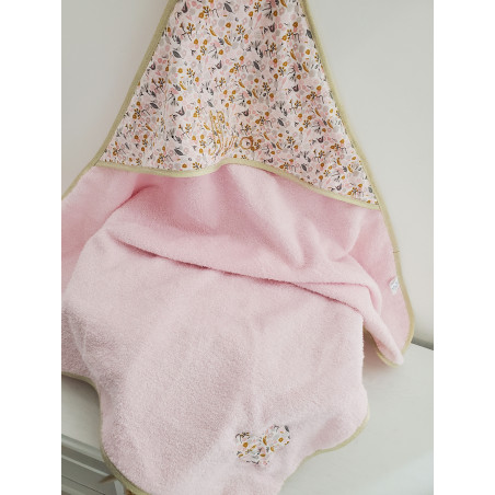 Cape de bain personnalisée prénom coton floral rose et or