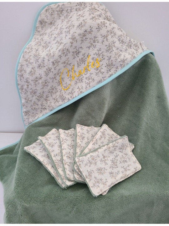 Cape de bain double gaze fleurie BIO / éponge de bambou personnalisée