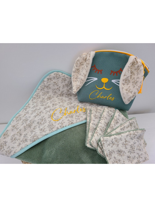 Cape de bain double gaze fleurie BIO / éponge de bambou personnalisée