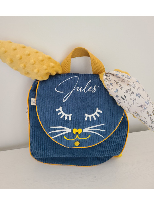 Sac à dos petit lapin maternelle / crèche velours et liberty Theo personnalisé