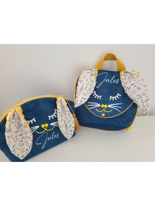 Sac à dos petit lapin maternelle / crèche velours et liberty Theo personnalisé
