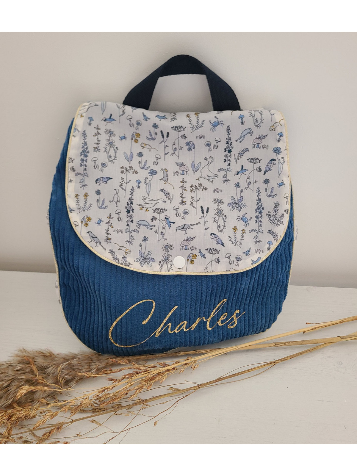 Sac à dos pour entrée en maternelle / crèche personnalisé, liberty Theo et velours