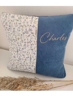 Coussin personnalisé 40x40 cm liberty Theo et velours (ou coussin de sieste)