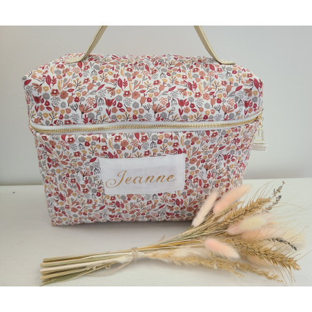 Vanity trousse de toilette personnalisable en coton floral terracotta matelassé