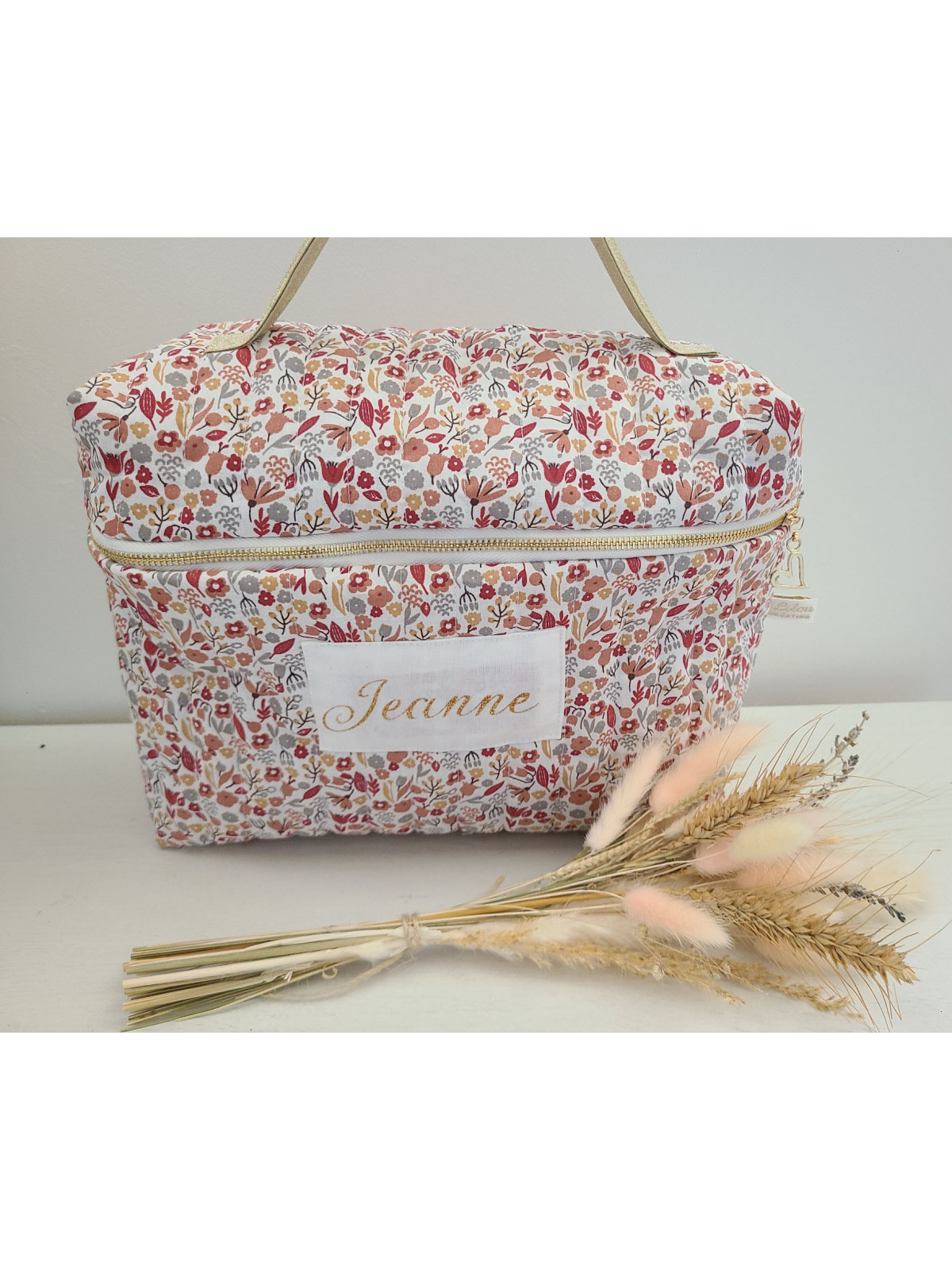 Vanity trousse de toilette personnalisable en coton floral terracotta matelassé