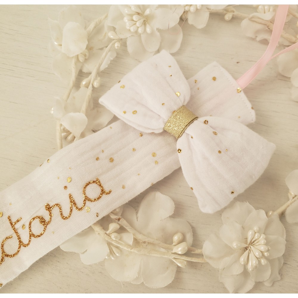 Attache tétine personnalisée, double gaze confettis dorés