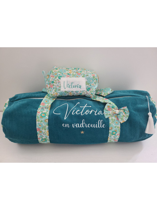 Trousse de toilette en liberty Betsy émeraude matelassée