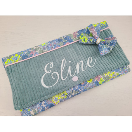 Pochette range barrettes et chouchous personnalisable en liberty Poppy and Daisy fluo et velours