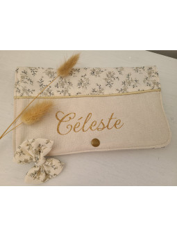 Pochette range barrettes et chouchous en coton fleuri beige personnalisable