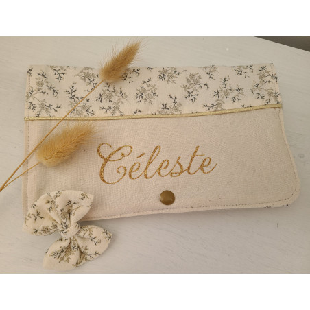 Pochette range barrettes et chouchous en coton fleuri beige personnalisable
