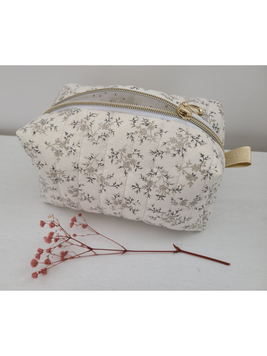 Pochette range barrettes et chouchous en coton fleuri beige personnalisable