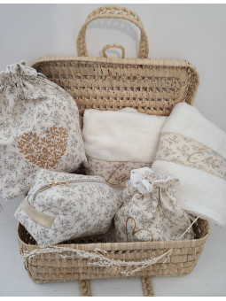 Pochette range barrettes et chouchous en coton fleuri beige personnalisable