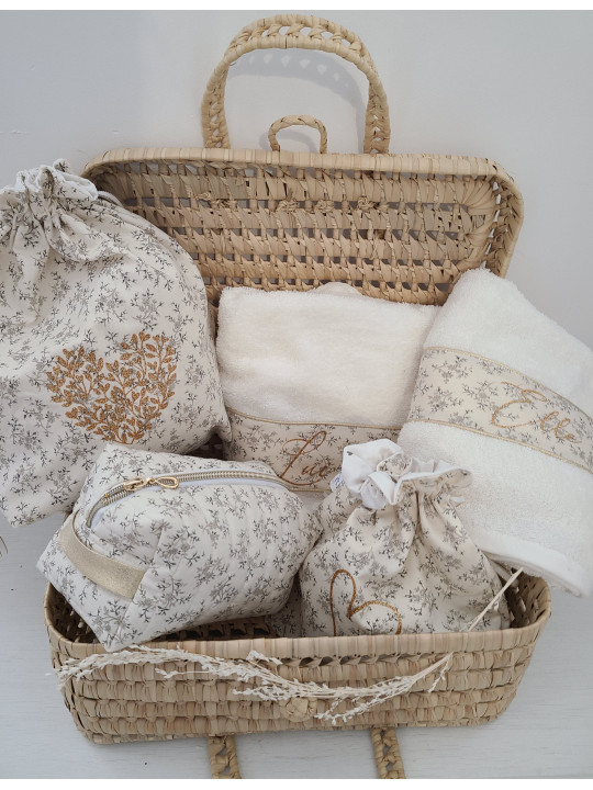Pochette range barrettes et chouchous en coton fleuri beige personnalisable